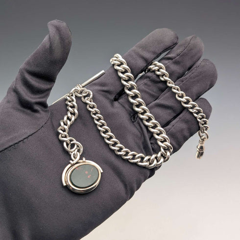 Circa 1919 British antique sterling silver Albert chain, 61g, sterling silver base, two-tone rotating fob
