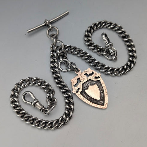 1929 British Vintage Sterling Silver Double Albert Chain 56g Gold Plated Sterling Silver Medal Fob