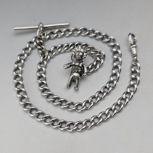 Circa 1900 British antique sterling silver long Albert chain 48g clown charm fob