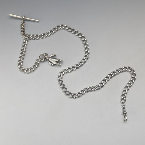 Circa 1900 British antique sterling silver long Albert chain 48g clown charm fob