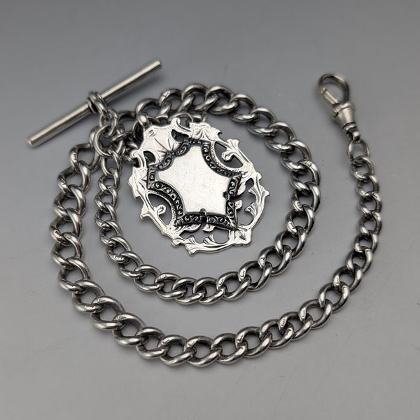 Circa 1900 British antique sterling silver Albert chain, 53g, sterling silver large medal fob