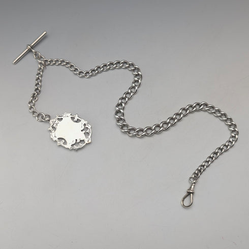 1900年頃 英国アンティーク 純銀製アルバートチェーン 53g 純銀大型メダルフォブ