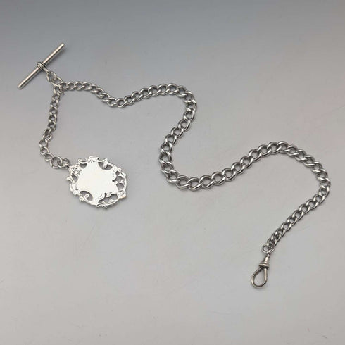 Circa 1900 British antique sterling silver Albert chain, 53g, sterling silver large medal fob