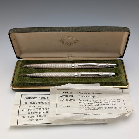 1975 British vintage sterling silver ballpoint pen and push-type pencil William Manton with case