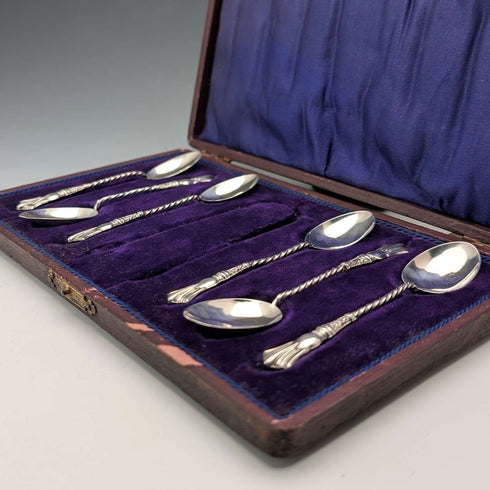 1907年 英国アンティーク 純銀製ティースプーン6本セット 計37g ケース入 William Devenport