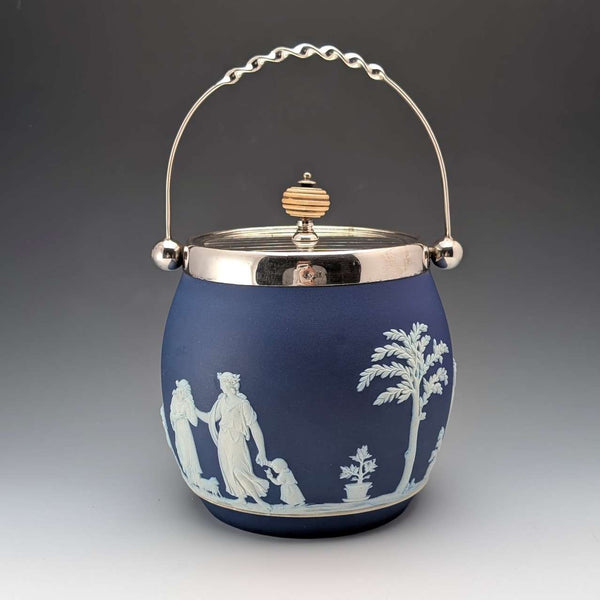 Antique British Wedgwood Biscuit Barrel Jasperware Royal Blue