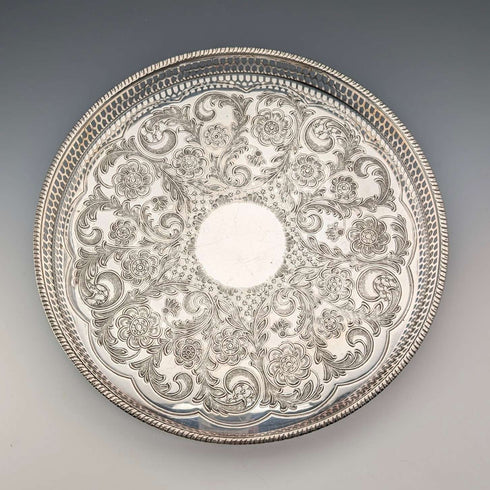 Vintage British silver plate gallery tray, diameter 26cm, Viners