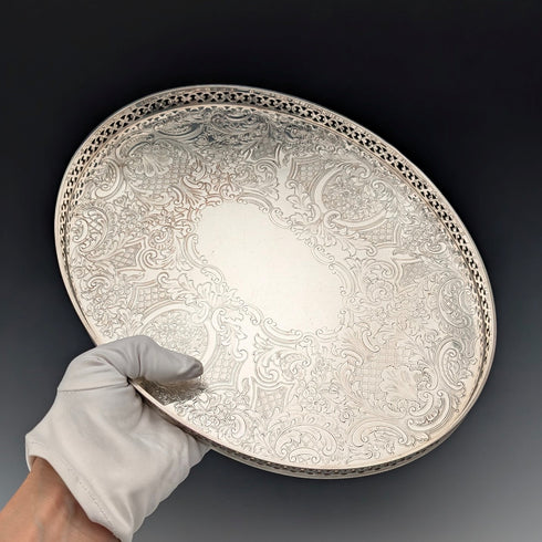 Vintage British silver plate oval gallery tray, 28cm wide, Barker Ellis