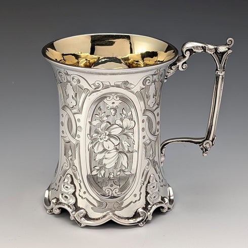 1854年 英国アンティーク 純銀製 マグカップ フローラル装飾 163g John Evans II