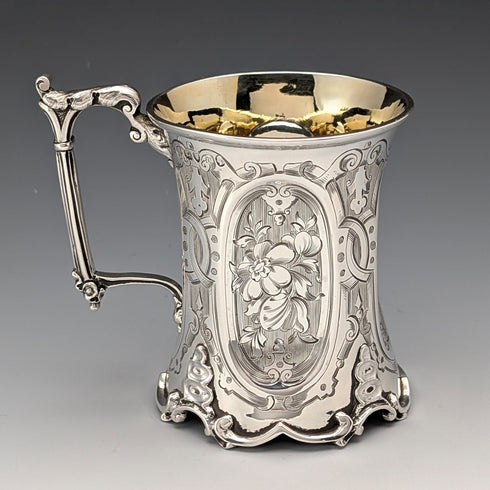 1854年 英国アンティーク 純銀製 マグカップ フローラル装飾 163g John Evans II