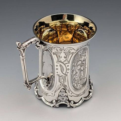 1854年 英国アンティーク 純銀製 マグカップ フローラル装飾 163g John Evans II
