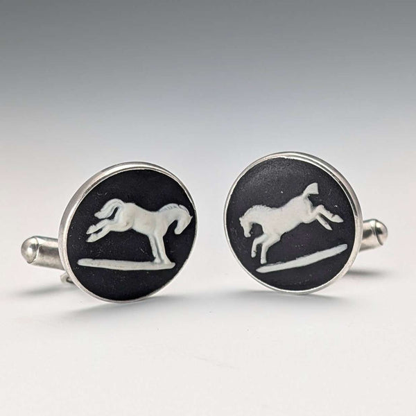 British Vintage Wedgwood Horse Relief Pure Silver Base Cufflinks