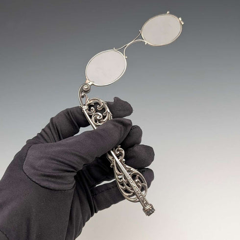 Antique American sterling silver openwork design portable folding glasses Ronietto