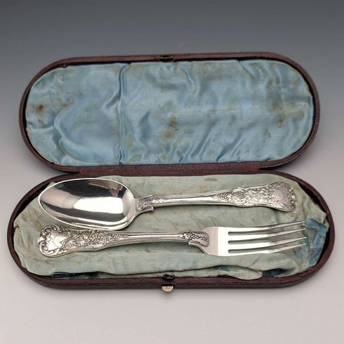 1849 年英國古董純銀洗禮餐具一對,共 128 克,含盒子,Samuel Hayne & Dudley Caterer