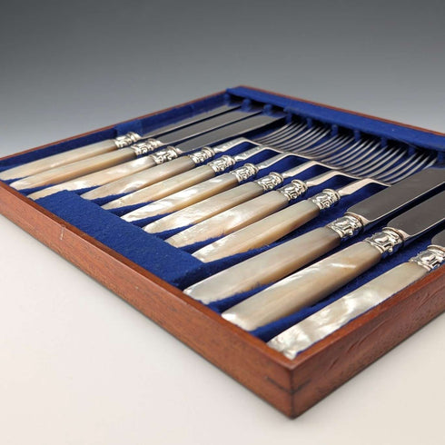 Circa 1860 British antique white mother-of-pearl handle dessert cutlery, 6 pairs, with tray