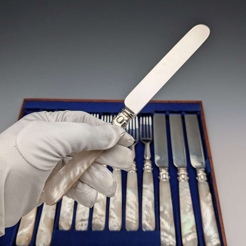 Circa 1860 British antique white mother-of-pearl handle dessert cutlery, 6 pairs, with tray
