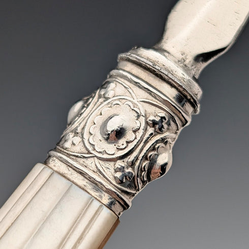 1870 年英國古董白色珍珠母貝手柄甜點餐具,6 對,木盒