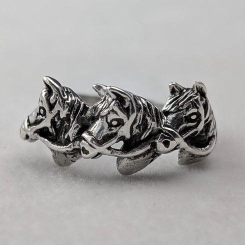 Vintage 3 Horse Head Design Sterling Silver Ring (Size 9)
