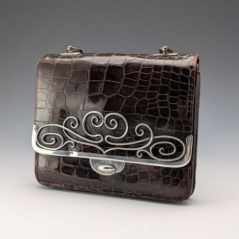 1905 British antique sterling silver mounted brown leather handbag style wallet by Ludwig Krumm