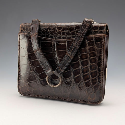 1905 British antique sterling silver mounted brown leather handbag style wallet by Ludwig Krumm