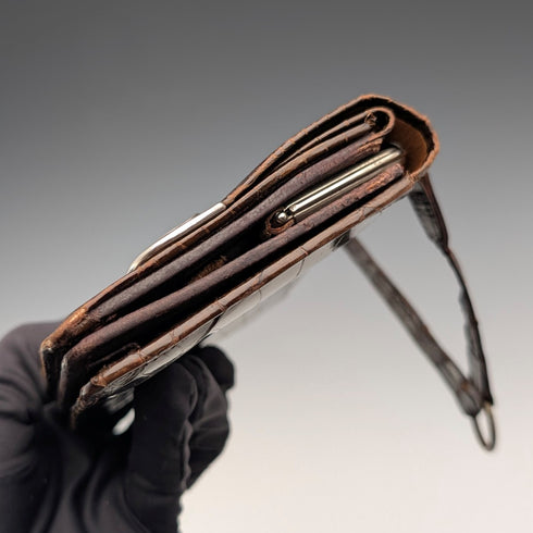 1905 British antique sterling silver mounted brown leather handbag style wallet by Ludwig Krumm