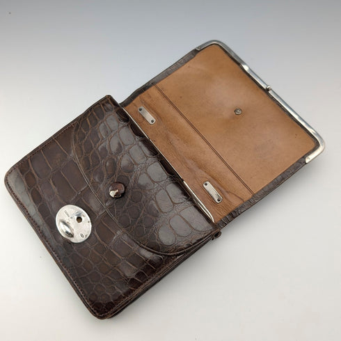 1905 British antique sterling silver mounted brown leather handbag style wallet by Ludwig Krumm