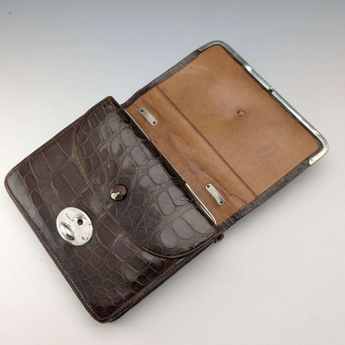 1905年 英国アンティーク 純銀マウント ブラウンレザー ハンドバック風革財布 Ludwig Krumm
