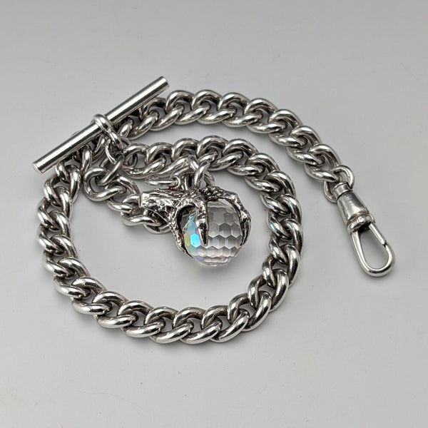 英国ヴィンテージ 純銀製アルバートチェーン 42g  純銀台座クロウ&ボウルフォブ