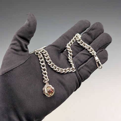 英国ヴィンテージ 純銀製アルバートチェーン 42g 純銀台座クロウ&ボウルフォブ