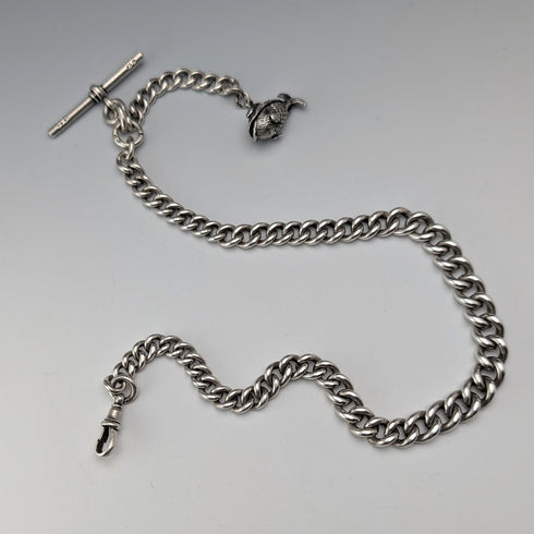 1900年頃 英国アンティーク 純銀製 アルバートチェーン 53g 魚チャームフォブ