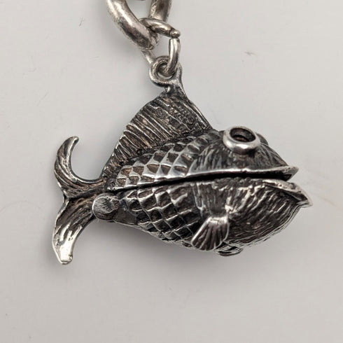 1900年頃 英国アンティーク 純銀製 アルバートチェーン 53g 魚チャームフォブ