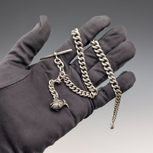 1900年頃 英国アンティーク 純銀製 アルバートチェーン 53g 魚チャームフォブ