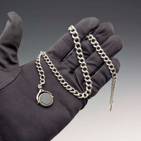1914年頃 英国アンティーク 純銀製アルバートチェーン 38g 純銀台座2色回転フォブ