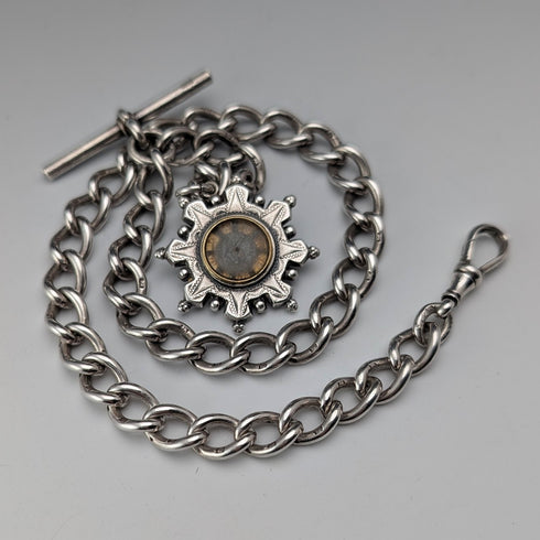 1893年 英国アンティーク 純銀製アルバートチェーン 42g 純銀台座コンパスフォブ