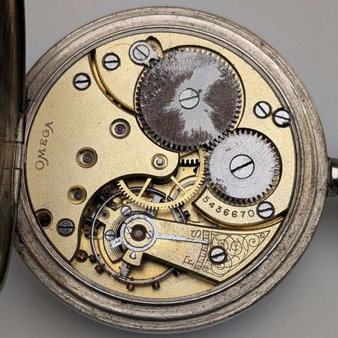 Antique Omega pocket watch from around 1920, diameter 53mm, railroad watch, alloy case, in good working order