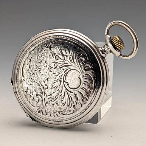 1910年頃 アンティーク ロンジン 懐中時計 アール・ヌーヴォー装飾 銀側ハンターケース 動作良好