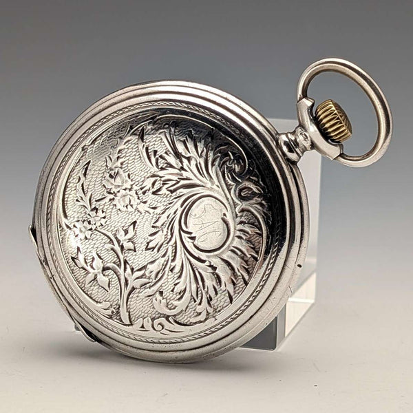 Circa 1910 Antique Longines Pocket Watch with Art Nouveau Decoration, Silver Side Hunter Case, in Good Working Condition