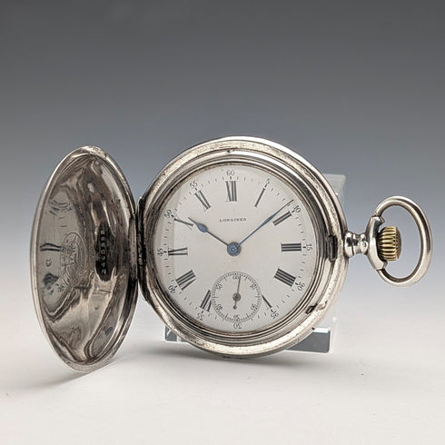 1910年頃 アンティーク ロンジン 懐中時計 アール・ヌーヴォー装飾 銀側ハンターケース 動作良好