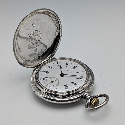 1910年頃 アンティーク ロンジン 懐中時計 アール・ヌーヴォー装飾 銀側ハンターケース 動作良好