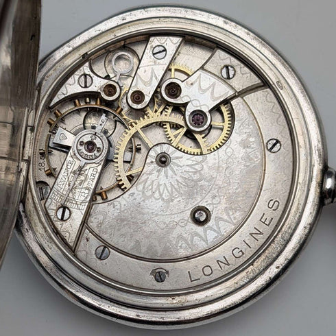 Circa 1910 Antique Longines Pocket Watch with Art Nouveau Decoration, Silver Side Hunter Case, in Good Working Condition