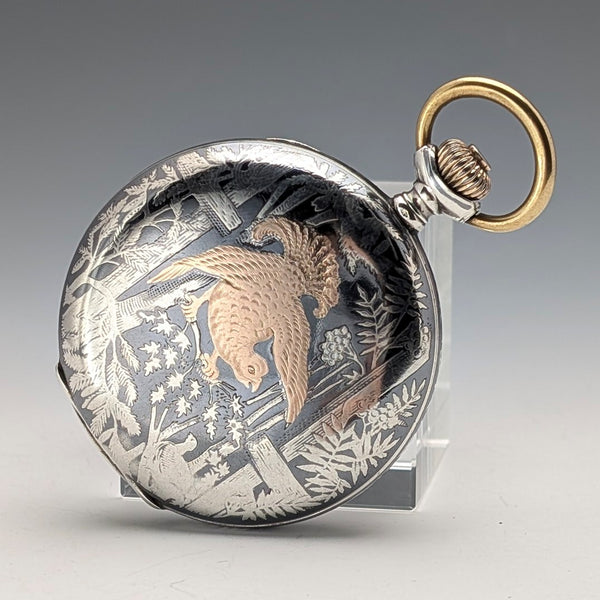 アンティーク ハンガリー Brauswetter Janos 懐中時計 銀側ニエロ装飾 ハンターケース 動作良好