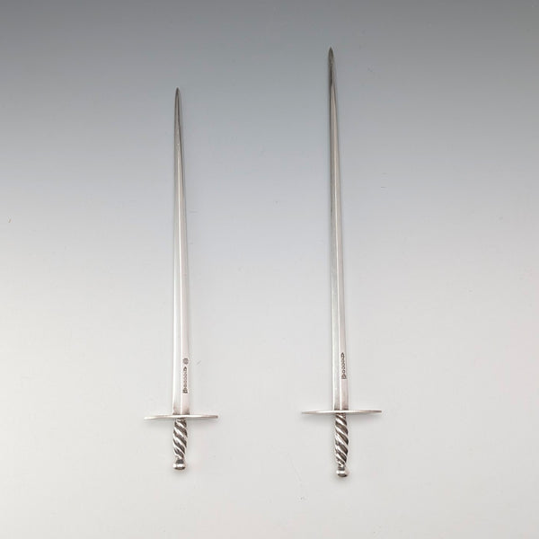 Antique British silver plate sword-shaped meat skewers pair by William Hutton & Sons