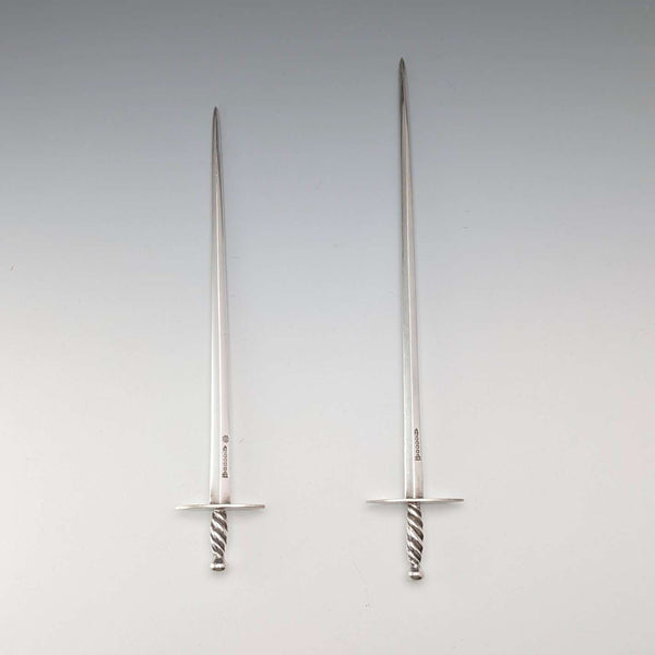 Antique British silver plate sword-shaped meat skewers pair by William Hutton & Sons