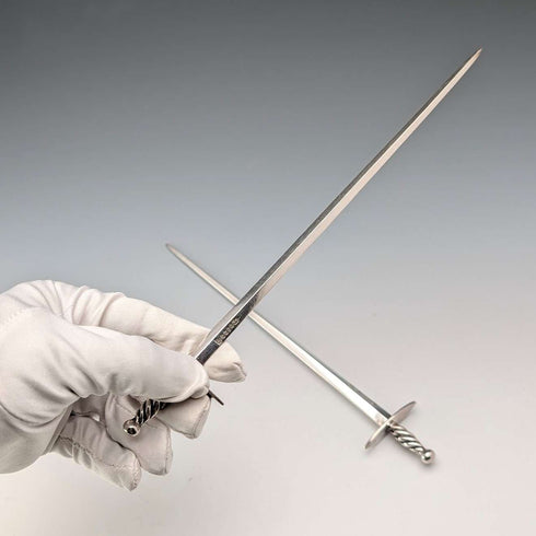 Antique British silver plate sword-shaped meat skewers pair by William Hutton & Sons