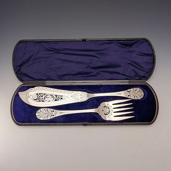 Antique British silver plate fish server set in case