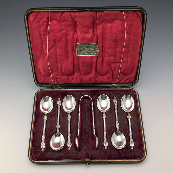 1899年 英国アンティーク 純銀製アポストロ ティースプーン6本&シュガートングセット 計106g ケース入 Harrison Brothers&Howson
