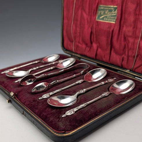 1899年 英国アンティーク 純銀製アポストロ ティースプーン6本&シュガートングセット 計106g ケース入 Harrison Brothers&Howson