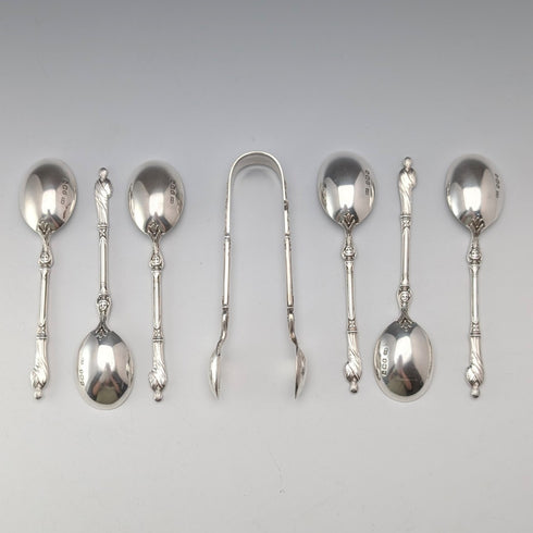 1899年 英国アンティーク 純銀製アポストロ ティースプーン6本&シュガートングセット 計106g ケース入 Harrison Brothers&Howson