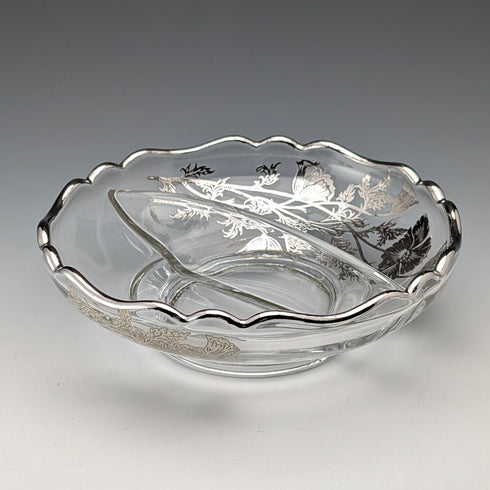 Vintage American Silver Overlay Divided Bowl with UV Glow Glass