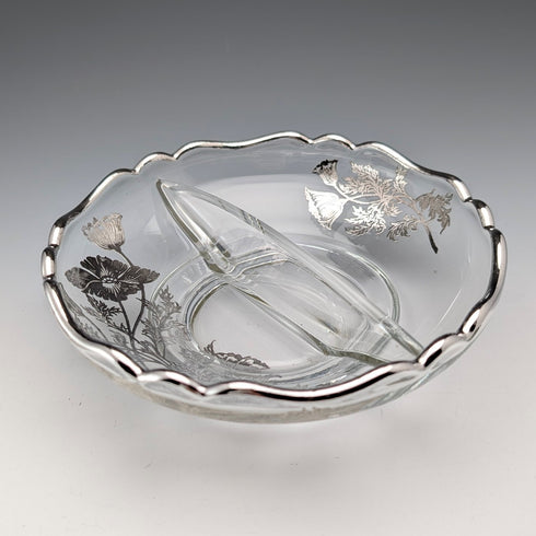Vintage American Silver Overlay Divided Bowl with UV Glow Glass